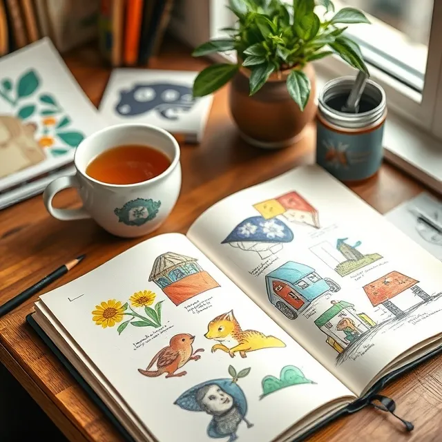 A warm and inviting workspace featuring an open sketchbook filled with colorful artwork and a steaming cup of tea.