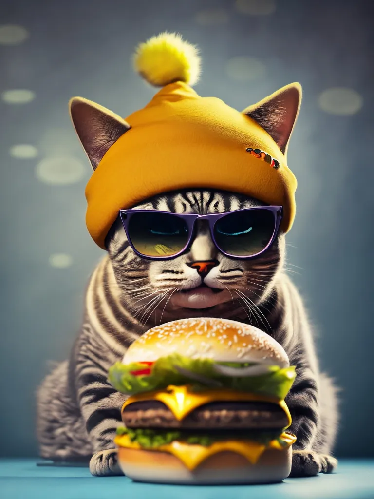 Ultra HD, Cat wearing a yellow beanie wearing sunglasses, eating a hamburger, modelling in a studio