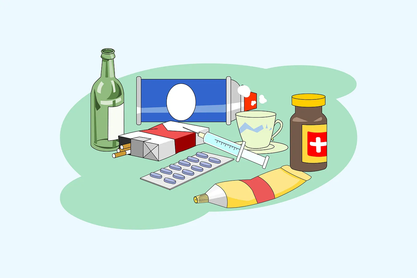 An image containing bottles, syringes, cigarettes, drugs, etc