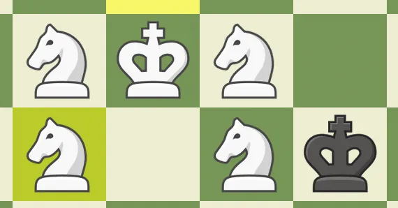 A chess diagram showing four white knights and the white king harassing a solitary black king.