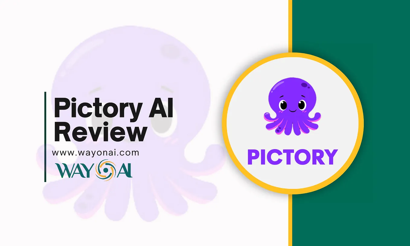 Illustration featuring the Pictory AI logo, a friendly purple octopus icon, next to text reading ‘Pictory AI Review’ with the Way On AI website link, www.wayonai.com, and the Way On AI logo.