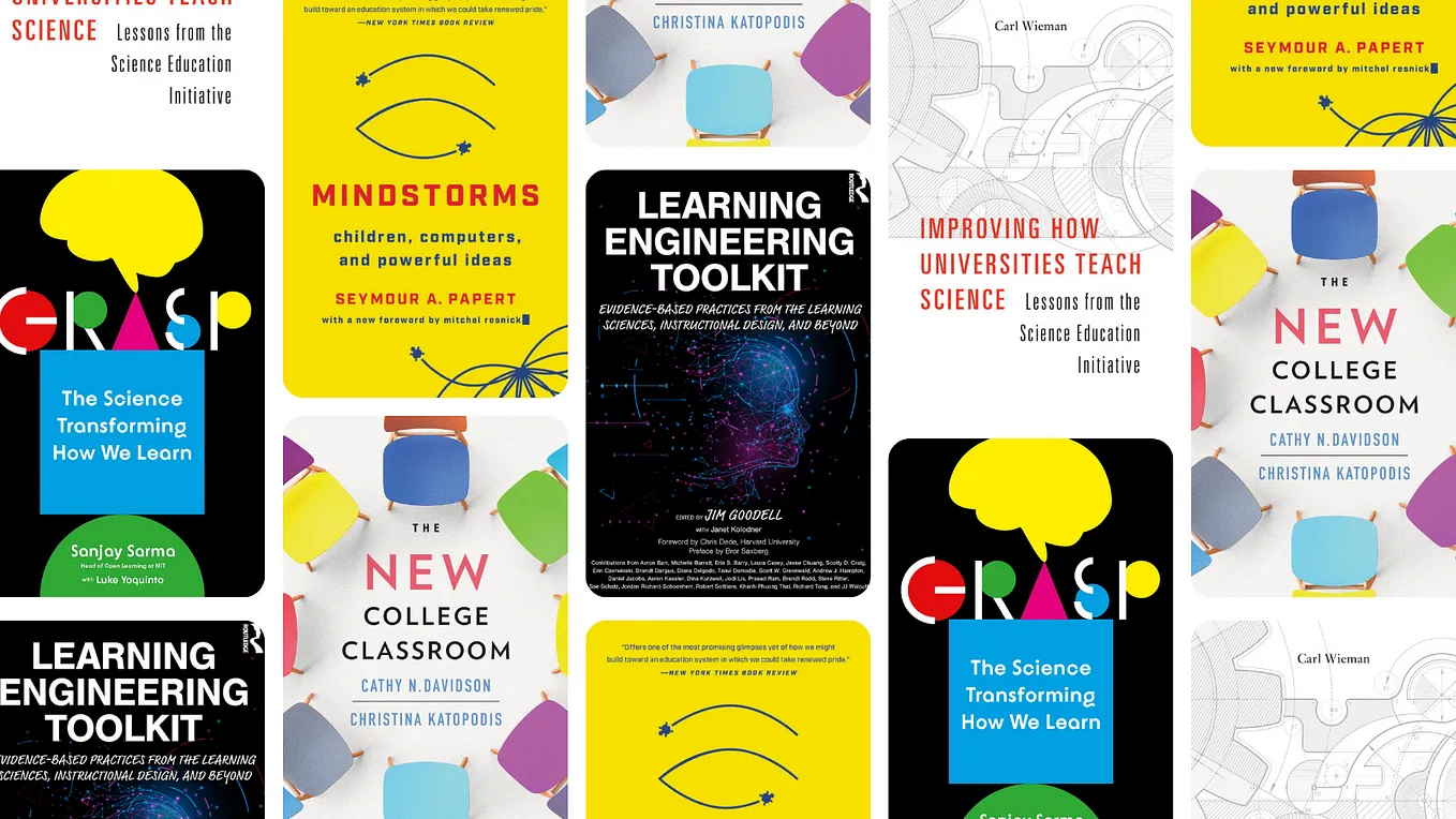 A collage of white, yellow, and black book covers including “Mindstorms,” “The New College Classroom,” and “Learning Engineering Toolkit.”