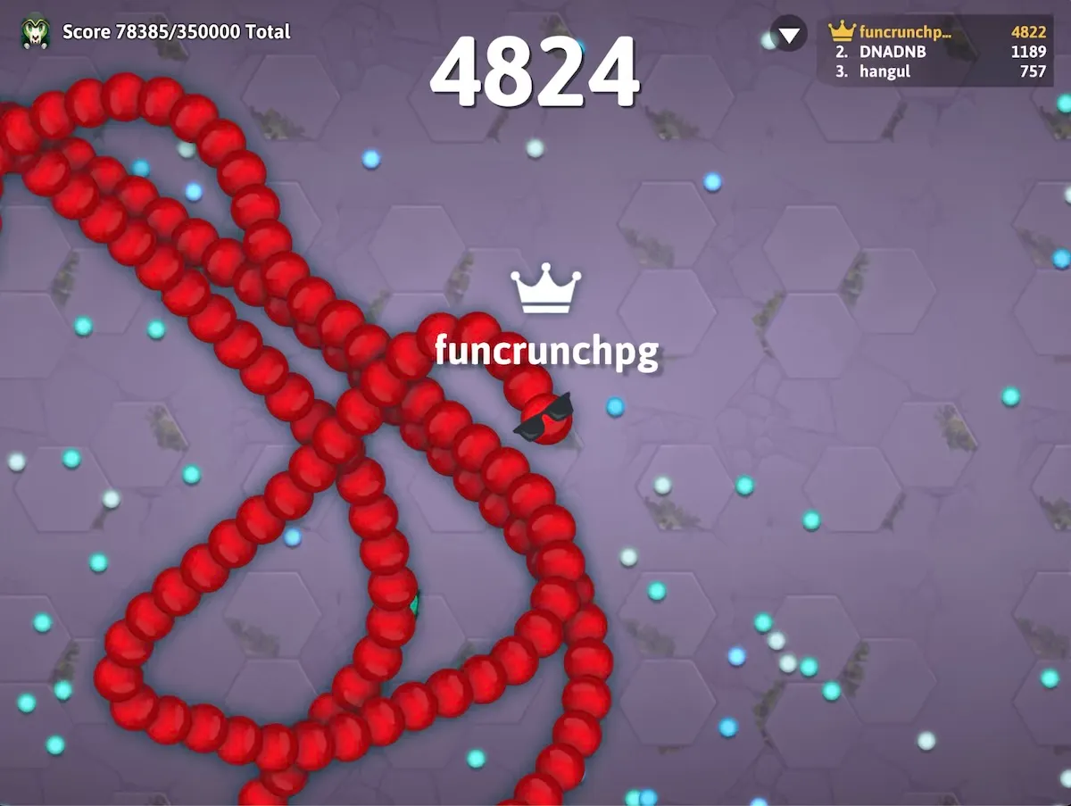 A large red cartoon snake wearing black sunglasses with the name “funcrunchpg” and a crown superimposed.