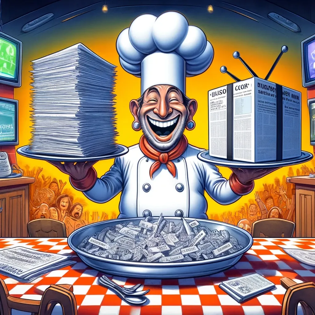 Figure 01: Image created by Editor via DALL-E 3: A satirical illustration depicting the media as a chef serving a “diet of misinformation,” questioning their penchant for feeding the public sensationalist news.