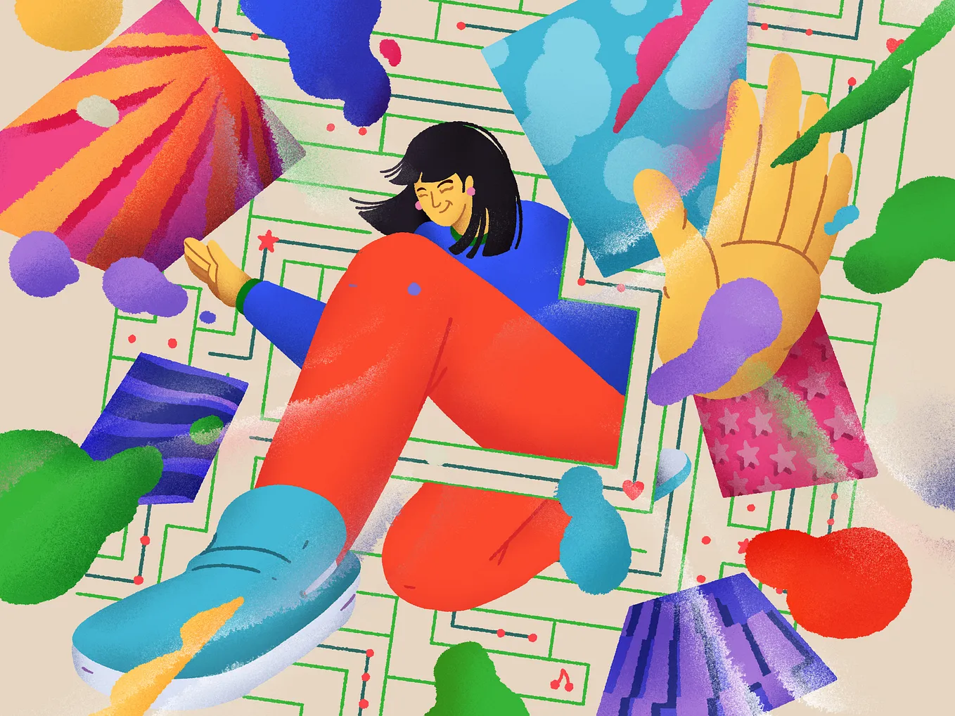 A colorful digital illustration (with shades of red, blue, yellow, green, purple, and orange) on a light blue background. At the center of the illustration is a light-skinned woman, surrounded by multicolored squares and shapes, with shoulder-length black hair, wearing turquoise shoes, red pants, and a blue top with one leg stretched out in front of her and another tucked under her. Her left hand is enlarged and facing palm out.