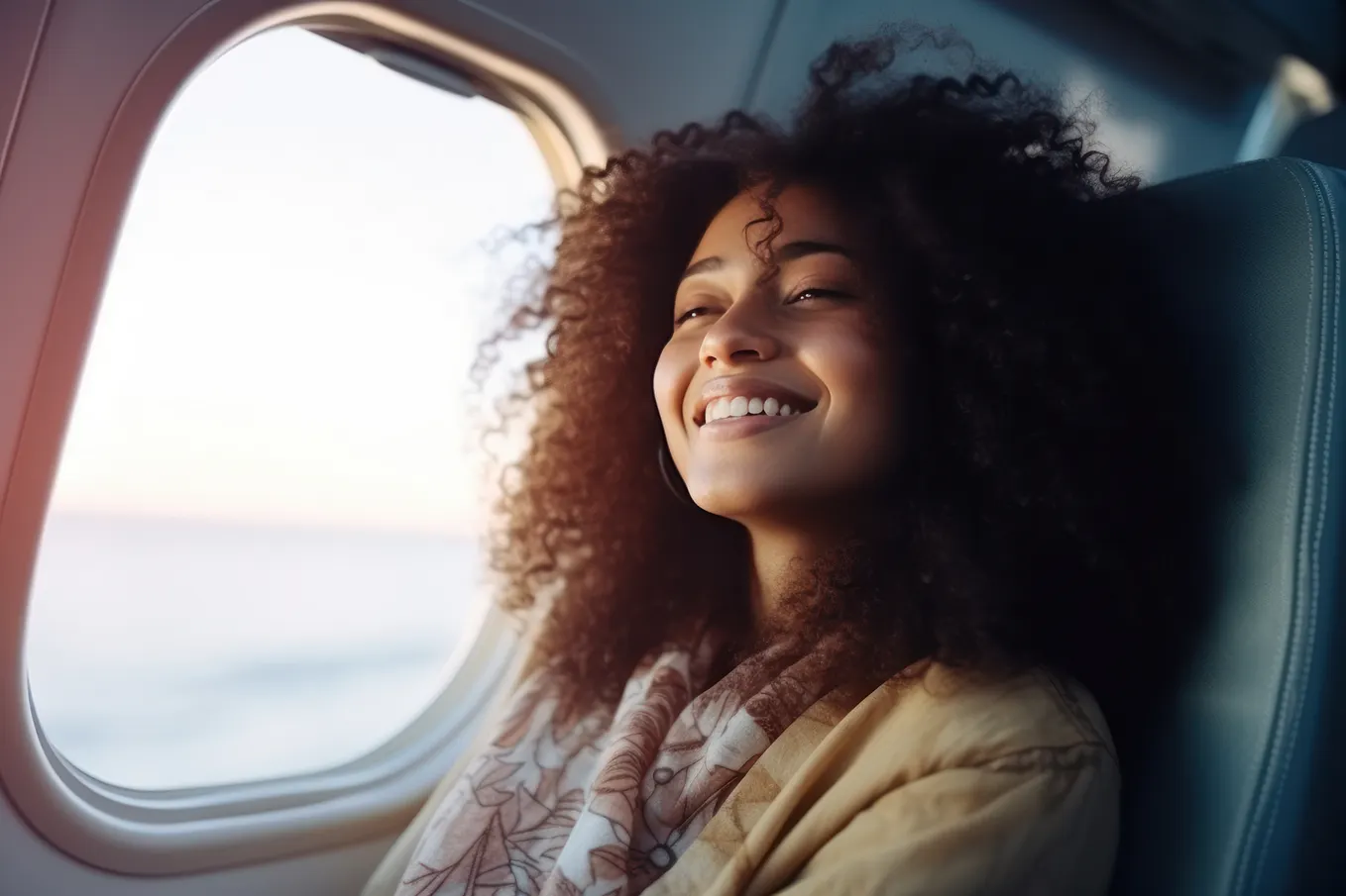 Dark-haired woman smiling, sitting at the window of airplane