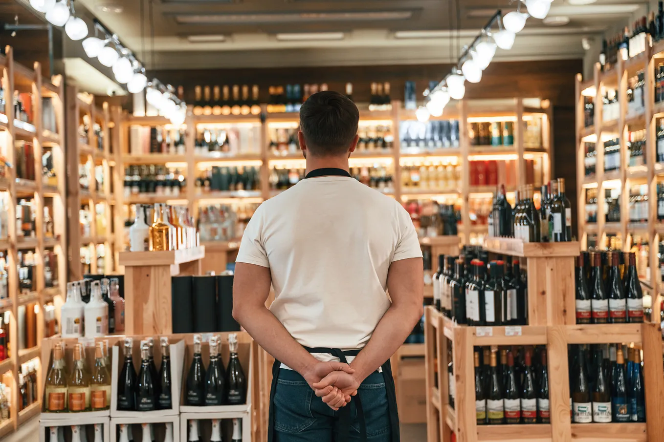 A person in a white shirt and dark apron stands with their back to the camera in front of shelves stocked with wine