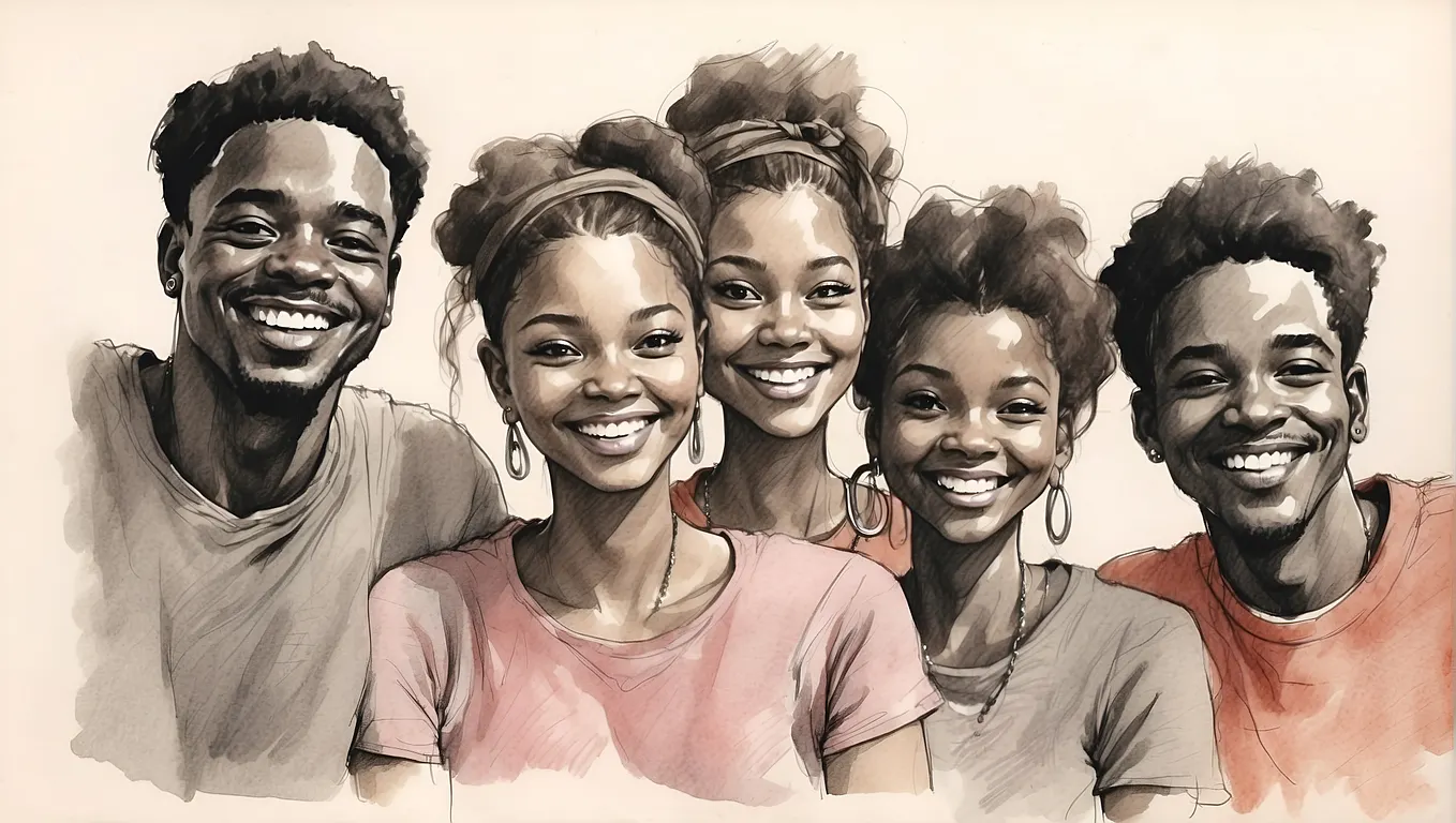 Watercolor-style illustration of five smiling young adults standing close together, suggesting a warm, supportive community.