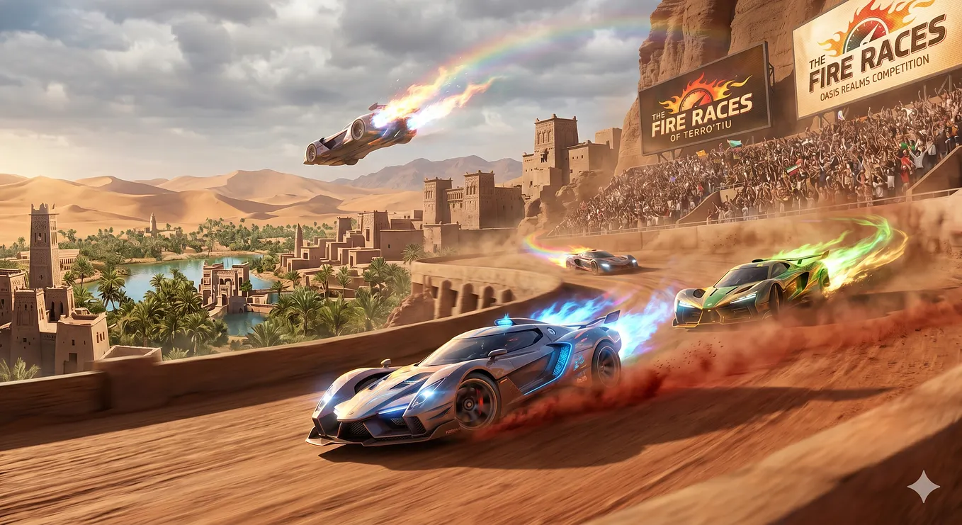 An image of what the Fire Races appear as: cars with different colored flames at their wheels racing through a desert oasis.