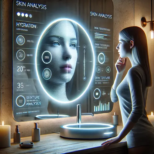 A lady looking into an AI-powered mirror. The mirror, in turn, shows her a detailed analysis of her face, like Hydration, texture, skin tone, and also recommends ways to improve these features.