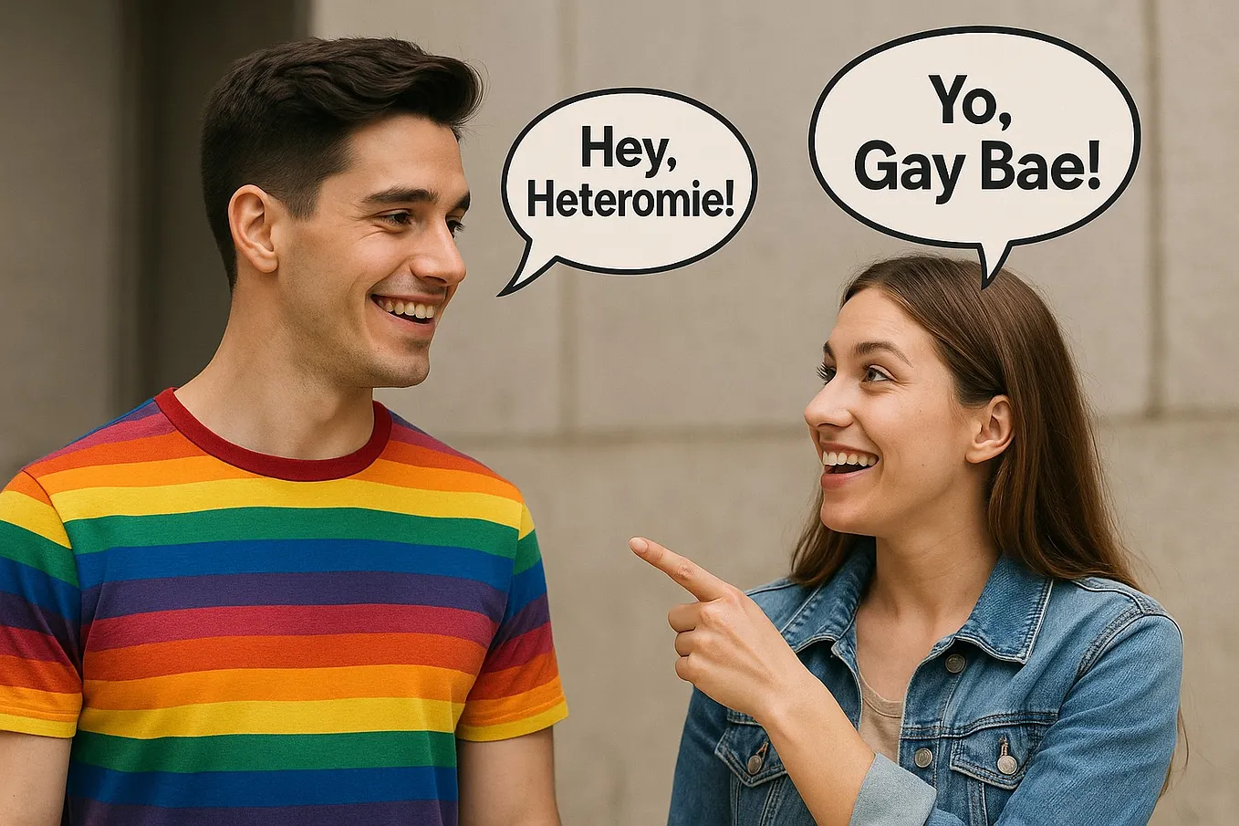 A man in a rainbow shirt with a thought bubble saying, “Hey, Heteromie!” and a female with a thought bubble saying, “Yo, Gay Bae!”