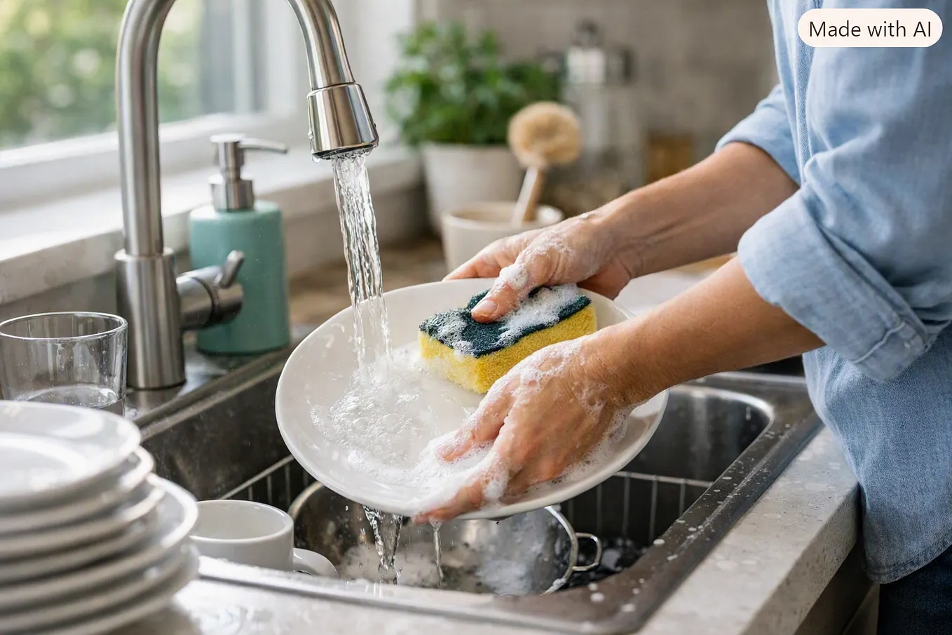 A person washing dishes at a modern kitchen sink. Their hands are  scrubbing a white plate with a sponge. Soap bubbles shimmer in soft daylight from a nearby window. The scene captures calm motion—the kind of quiet that comes through movement, not stillness.
