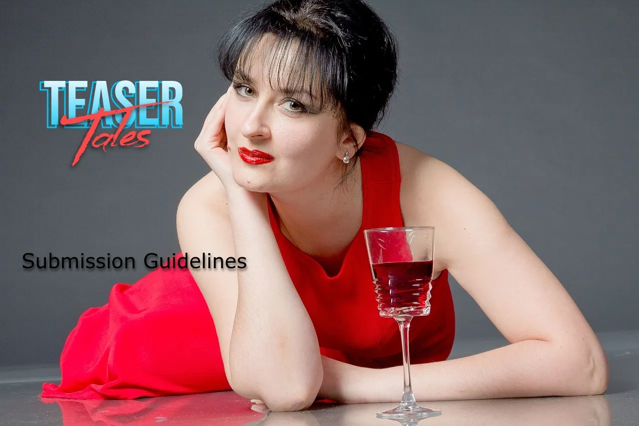 Woman with dark hair and red lipstick wears a red dress and reposes on her elbows, with a glass of red wine in front of her. Logo Teaser Tales : Submission Guidelines