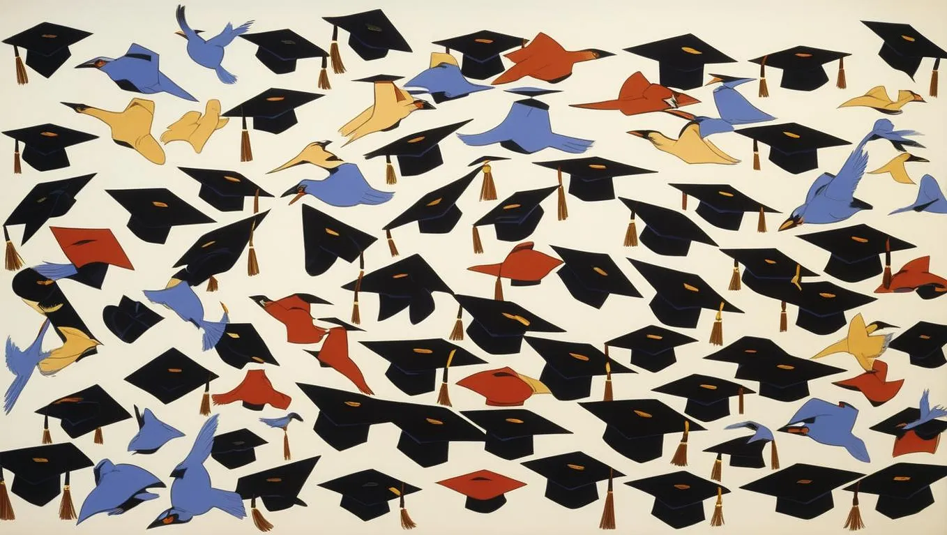 Group of black graduation hats gradually morphing into colored birds