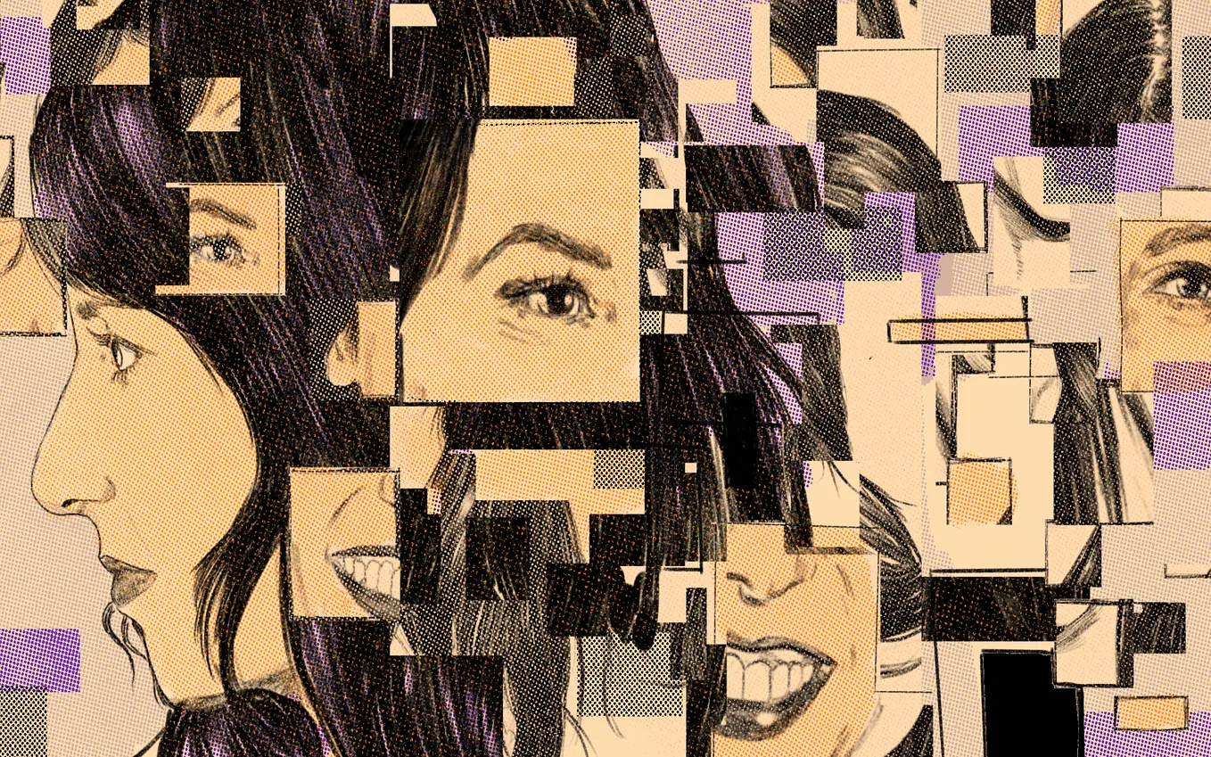 An illustrated collage of MacKenzie Bezos.