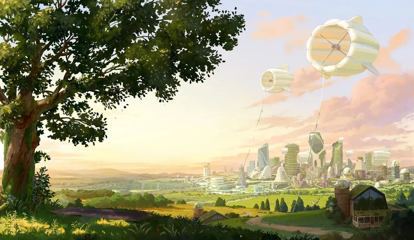 A solarpunk green landscape with a futuristic city on the horizon, from the video “Dear Alice”