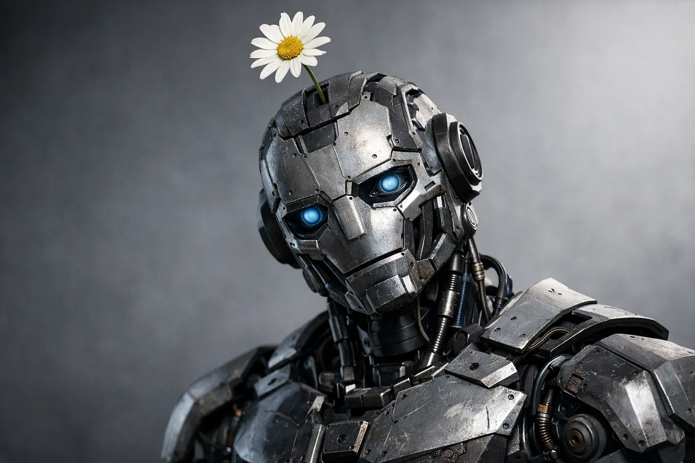 Close‑up of a silver humanoid robot with bright blue eyes and a white daisy growing from the top of its head. The contrast between metal and flower symbolizes the tension between artificial logic and human emotion — a visual metaphor for AI’s ability to appear gentle while remaining purely mechanical.