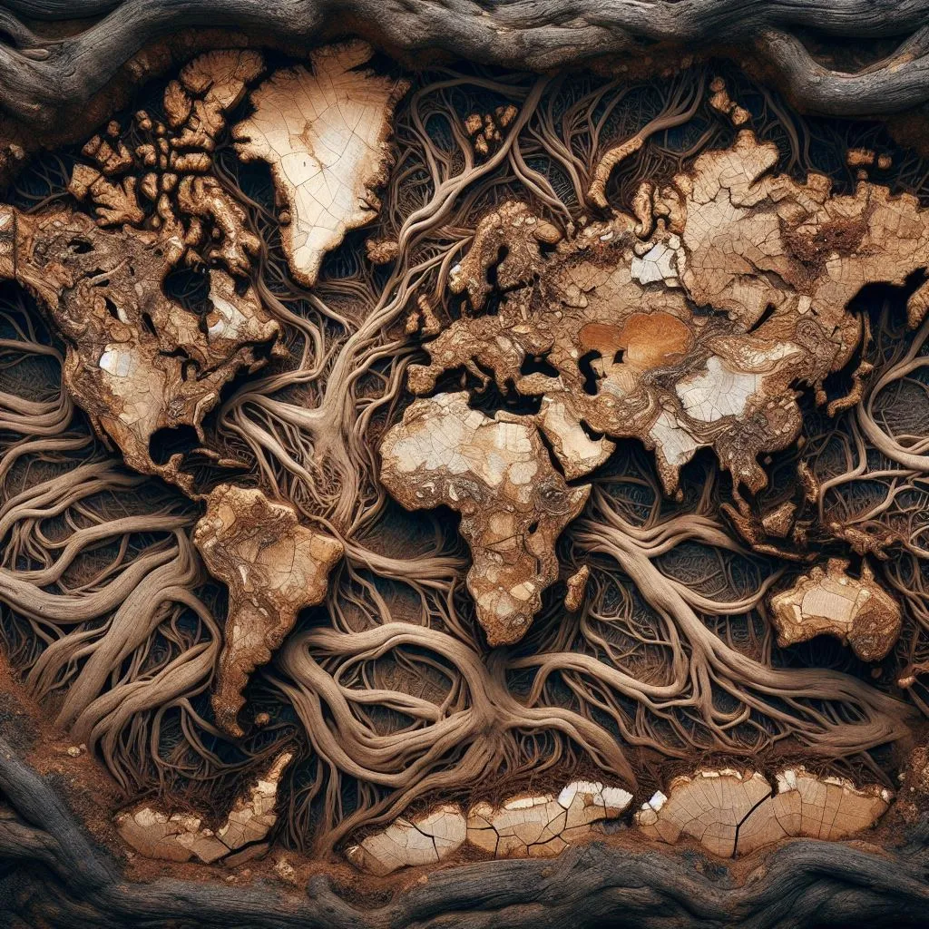 An AI-generated illustration worked mostly in browns, depicting a map of the world made from tree bark and roots.