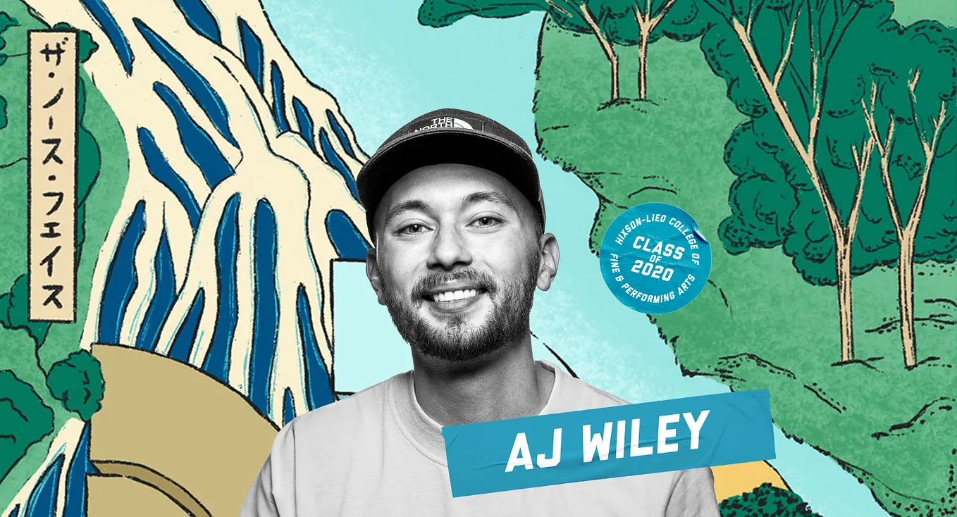 A headshot of AJ Wiley laid on top of one of his illustrations which features a nature landscape with trees and flowing water. Stickers read his name and “Hixson-Lied College of Fine & Performing Arts Class of 2020"