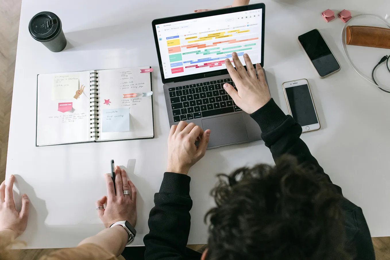 Overhead view of two people working at a desk with a laptop displaying a colorful project timeline, a notebook with sticky notes, and smartphones nearby.