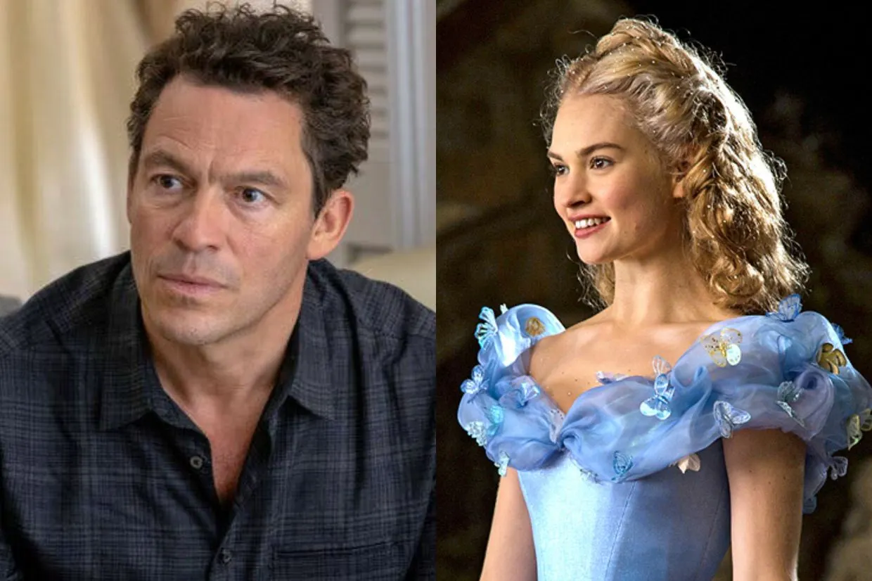 A composite photograph of Dominic West in a dark shirt and Lily James in her Cinderella costume dress