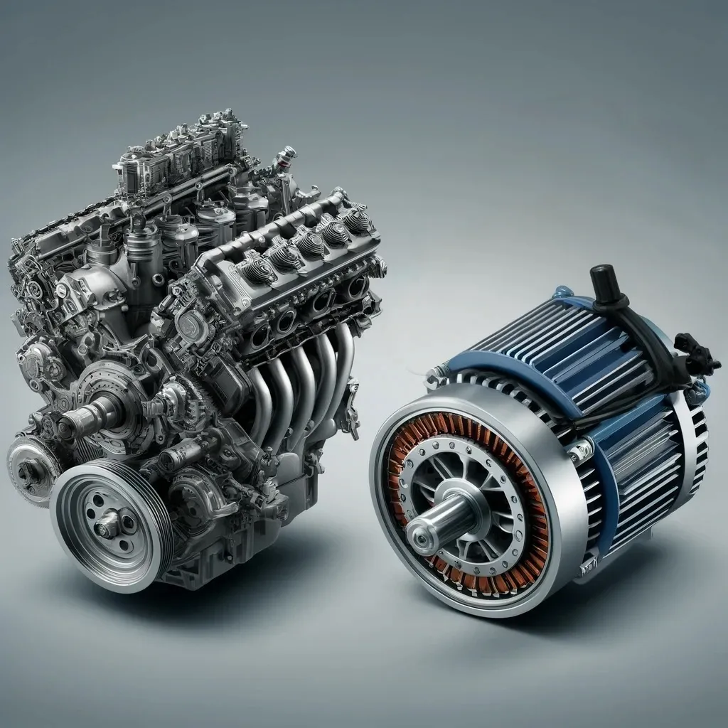 IMAGE: An illustration of an internal combustion engine and an electric motor side by side, showcasing the detailed contrast between their structures and technologies. This visualization highlights the differences in complexity and design, emphasizing the evolution of automotive engineering