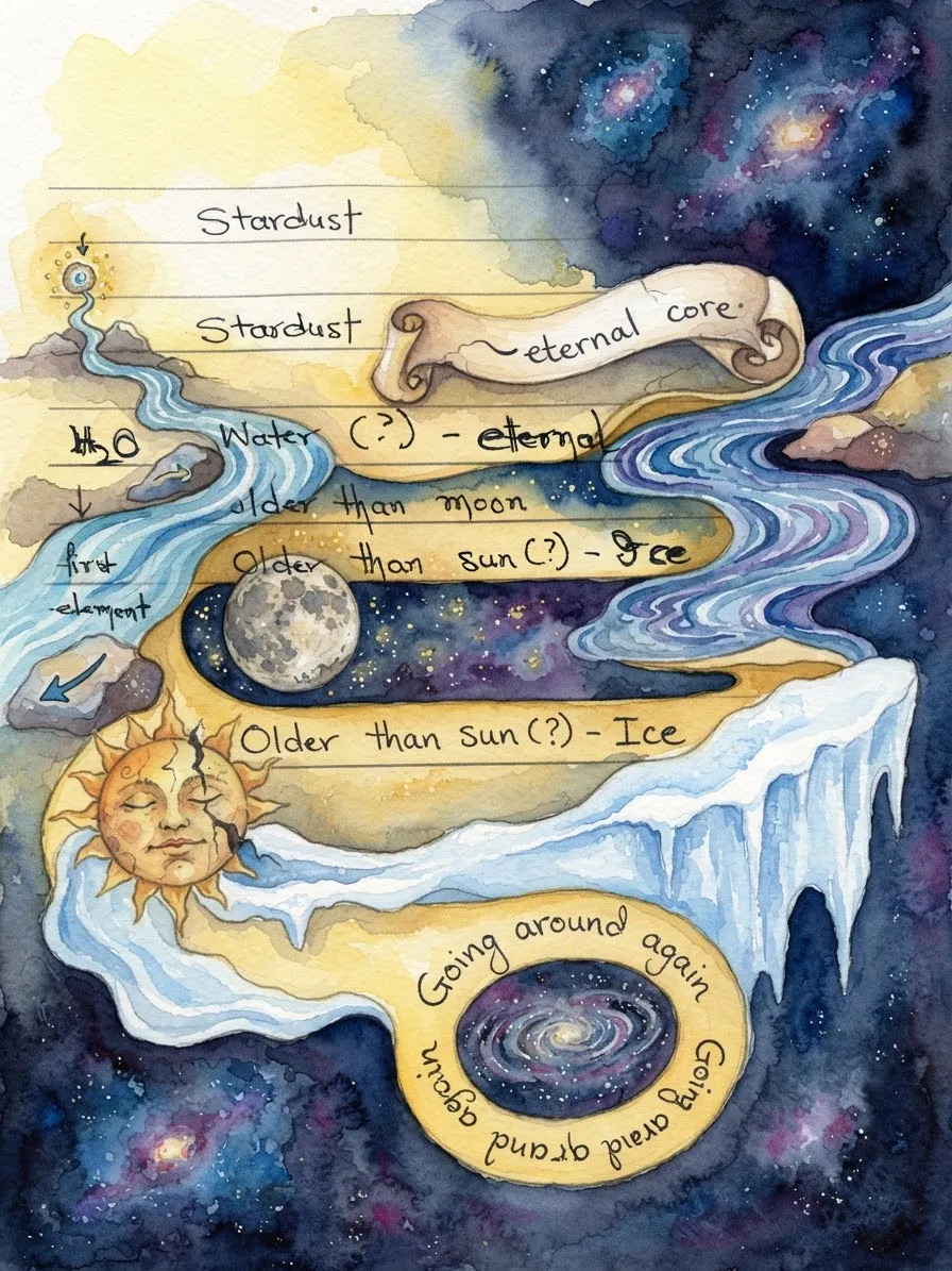 Watercolor-style cosmic collage showing the sun, moon, stars, water, ice, and planetary imagery in deep blues and warm golds.