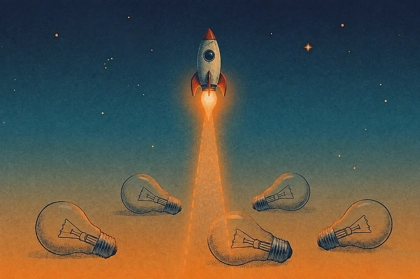 cartoon rocket launching at night beside giant bulbs