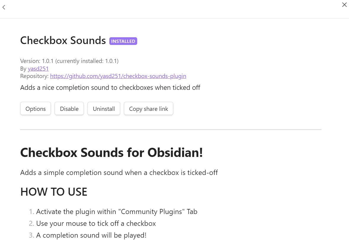 Picture showing a screenshot of the community plugins tab with the Plugin: Checkbox Sounds.