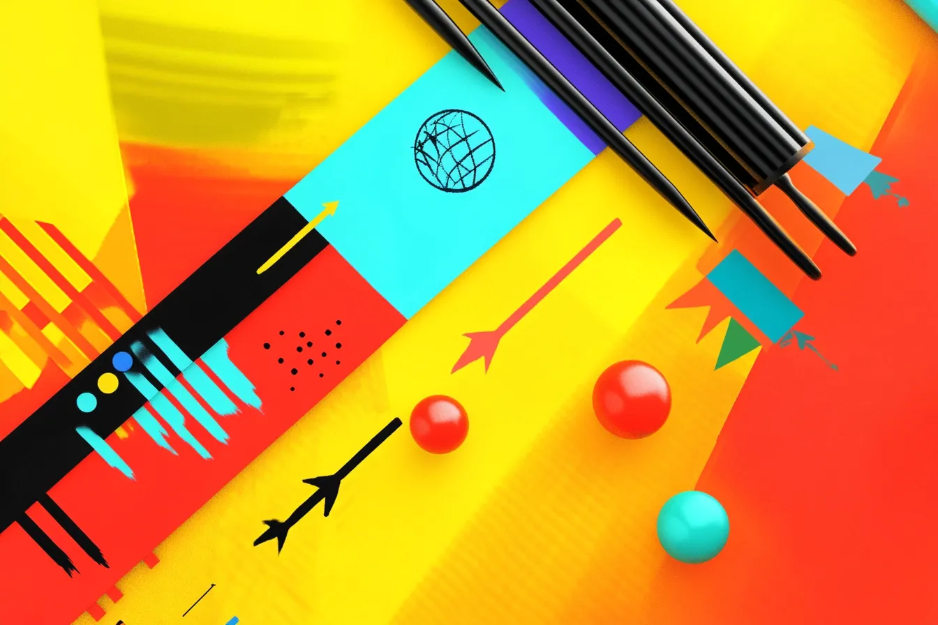 An abstract image of arrows, shapes, and pens, bright colors, resembling pop art