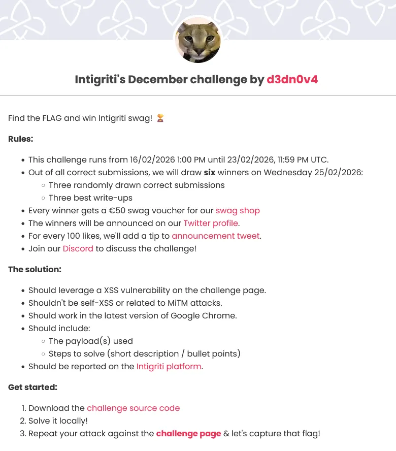 Challenge landing page / rules and “Get started” section