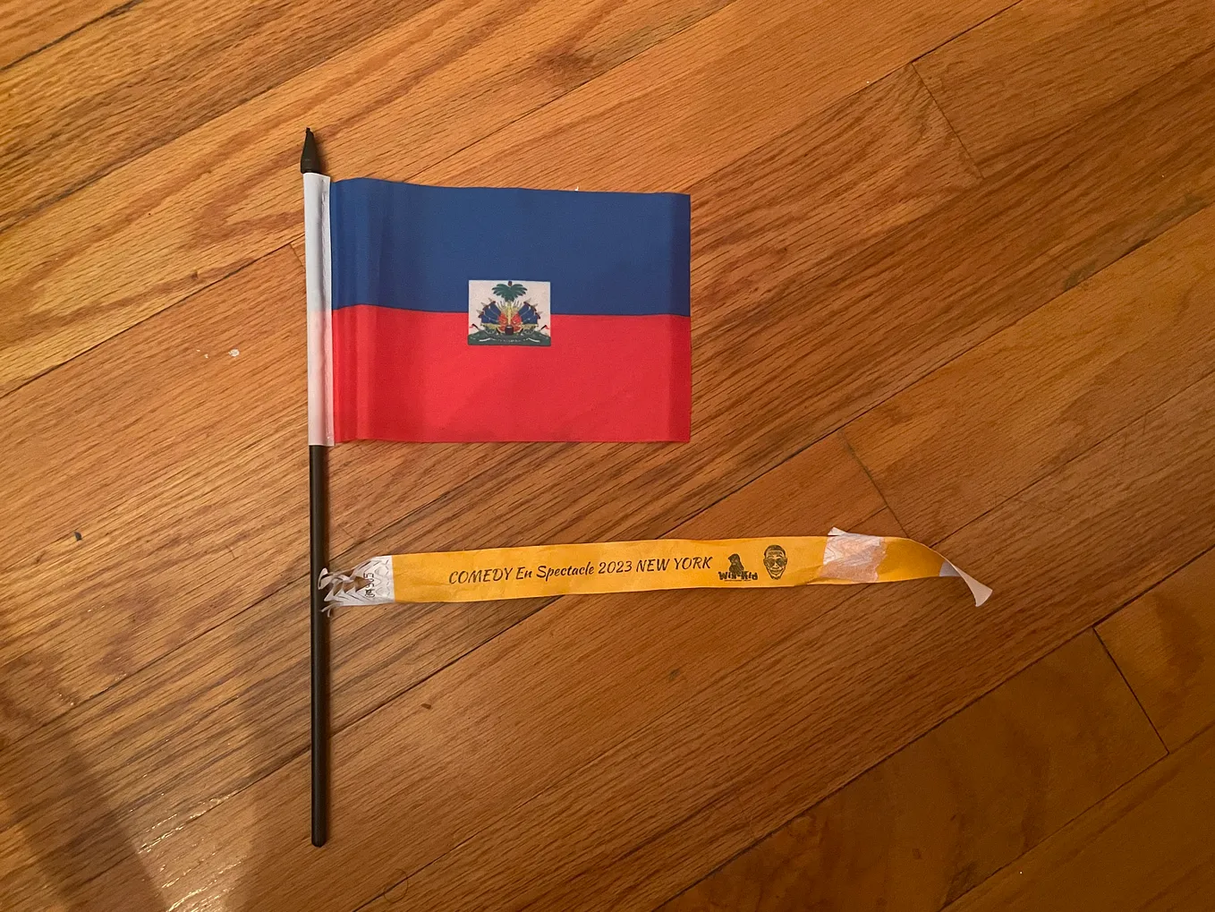 A small Haitian flag on a black stick. The flag is blue on top and red at the bottom with a white square in the middle. An organge wristband is below the flag.