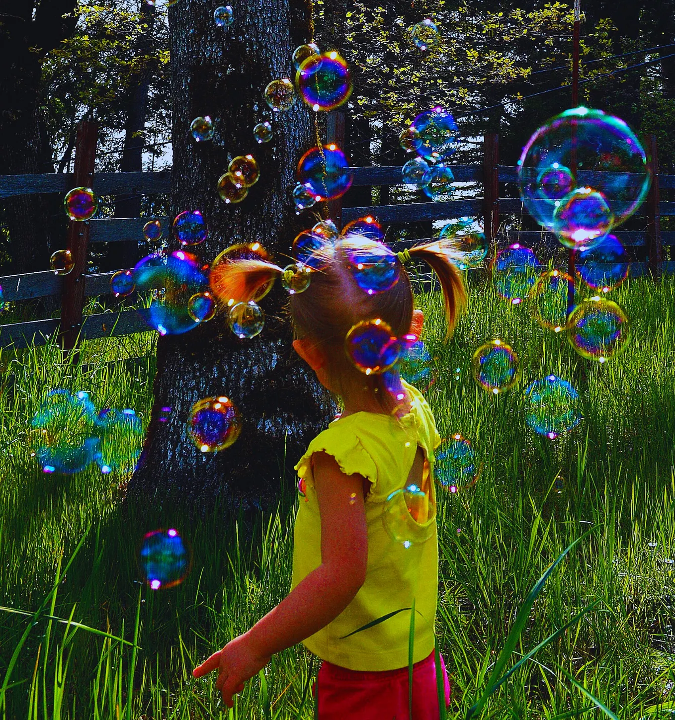 A young girl in bright green grass faces away with glowing bubbles surrounding her.