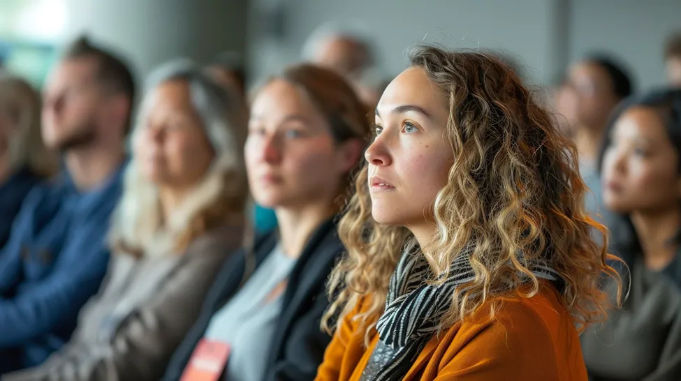 This photo captures a diverse group of individuals in a moment of concentration and engagement at a seminar or conference. The focus is particularly on a young woman in the foreground, dressed in an orange blazer, who embodies the attentive and thoughtful demeanor exhibited by the audience. Her curly hair and contemplative expression suggest she is deeply absorbed in the presentation, reflecting the overall atmosphere of learning and professional development that characterizes such events.