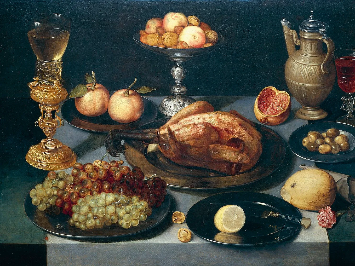 Dining table with fruits, roast chicken and wine glass. By Peter Binoit 1600–1625.