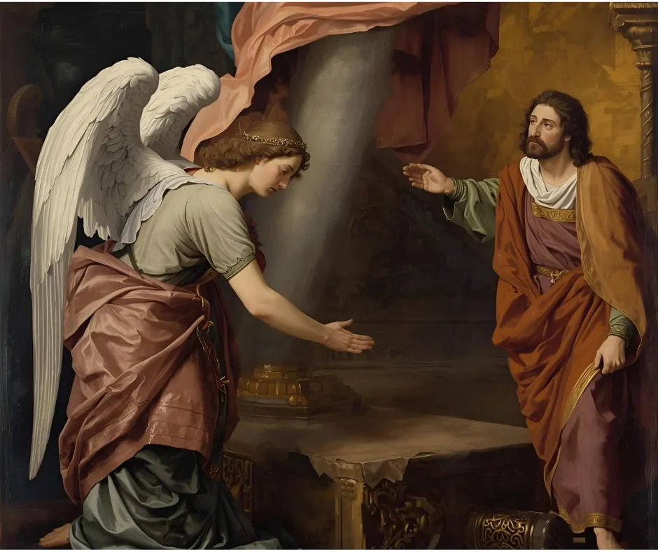 angel bowing before a throne with a man looking confused to the right