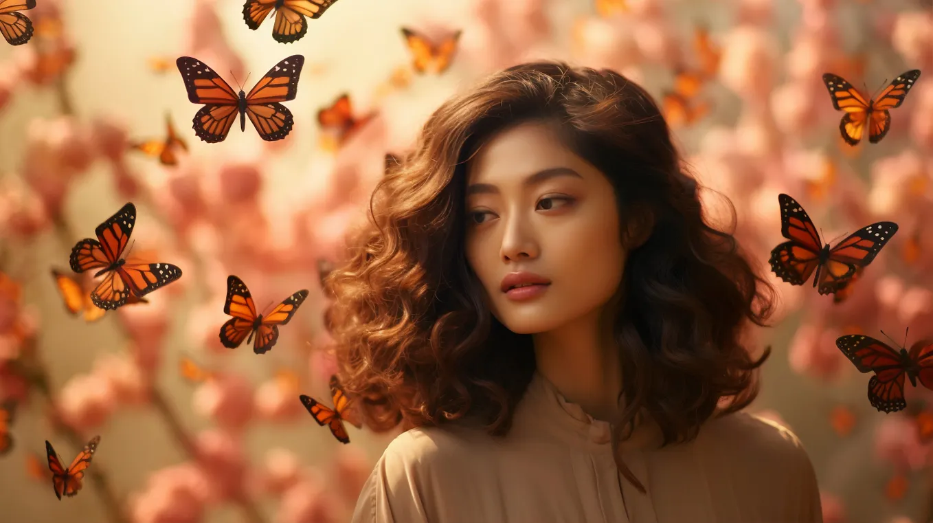 A woman surrounded by butterflies.