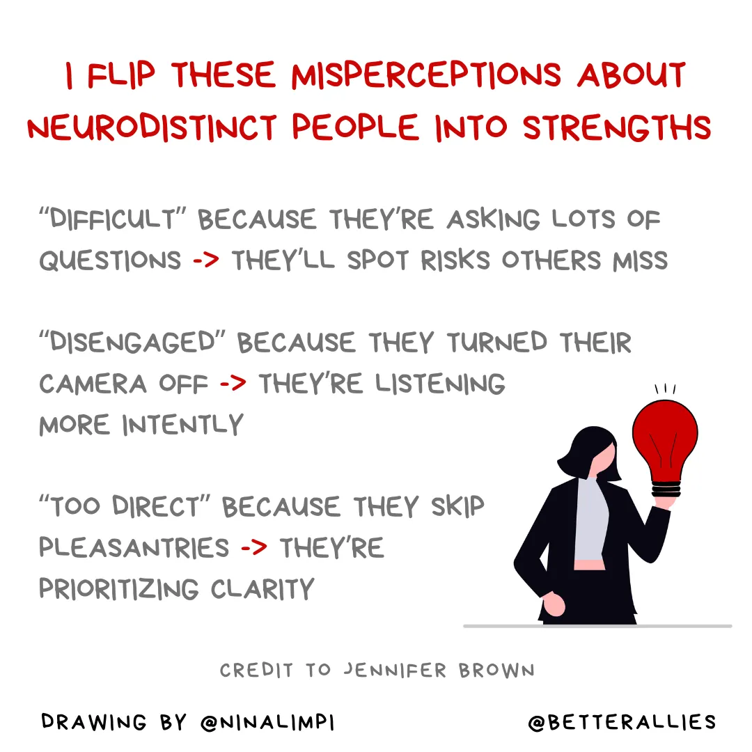 Image with the message I flip these misperceptions about neurodistinct people into strengths. “Difficult” because they’re asking lots of questions -> They’ll spot risks others miss. “Disengaged” because they turned their camera off -> they’re listening more intently. “Too direct” because they skip pleasantries -> They’re prioritizing clarity. There’s a drawing of a person holding a large light bulb. Along the bottom is the @BetterAllies handle and credit to @ninalimpi for the drawing