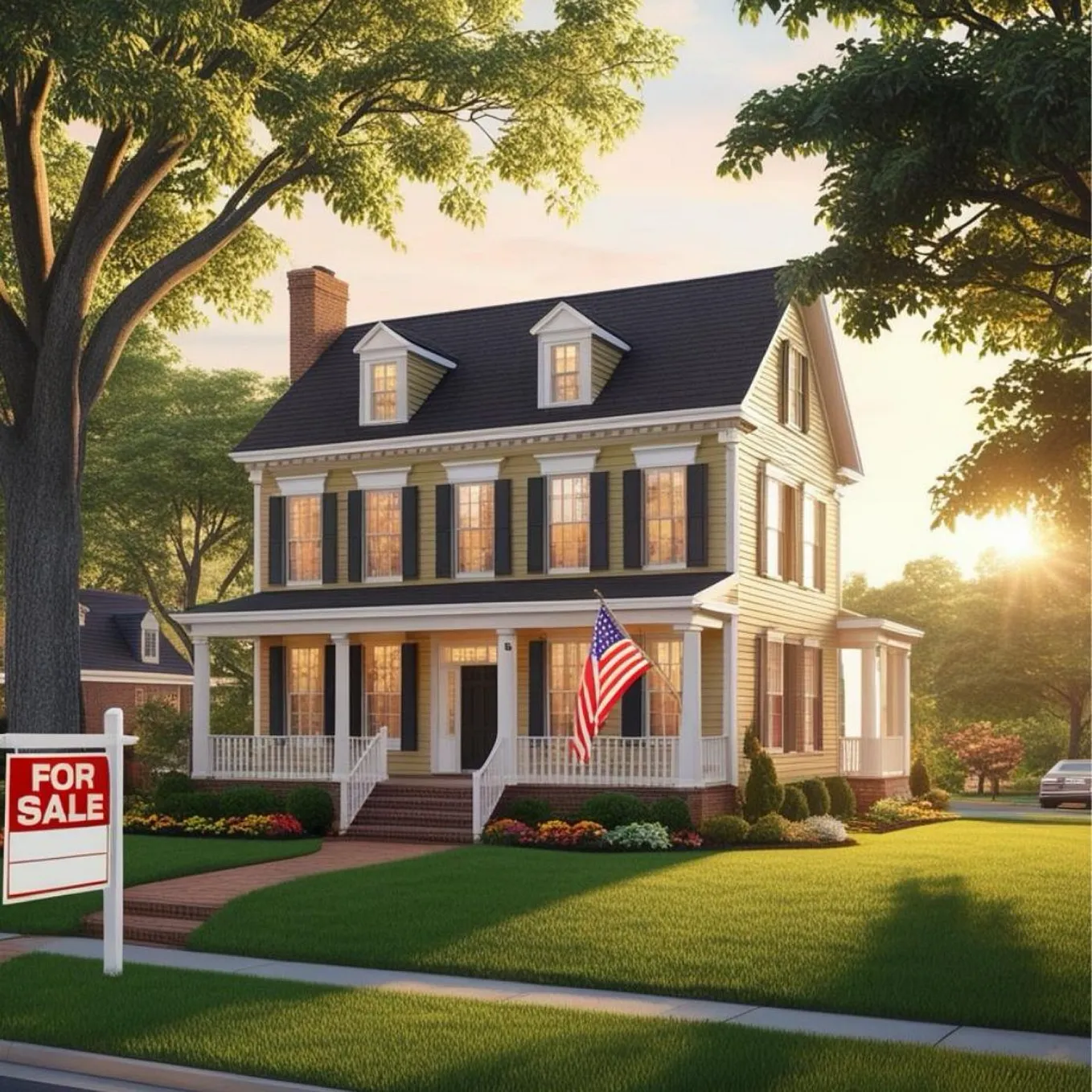 A beautiful home for sale with an American flag waving from the front porch.