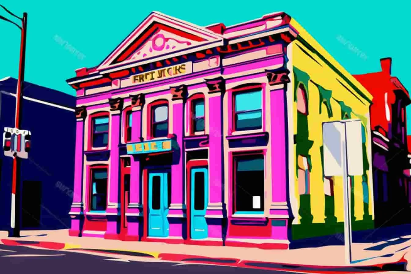 A small bank on the corner of a street, pop art
