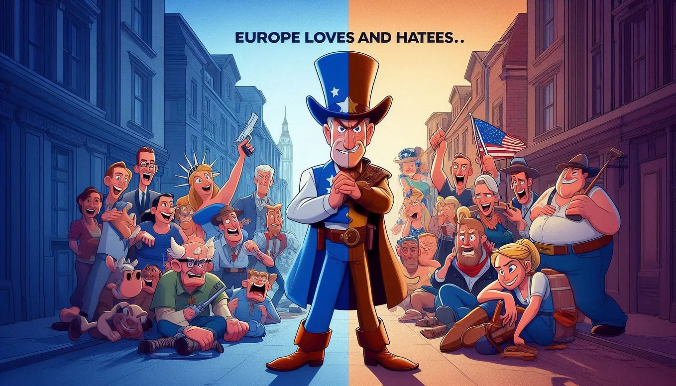 a Pixar style pic showing Why Europe Both Loves and Hates American Culture.