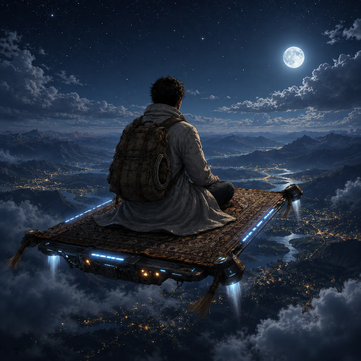 Ostad Dana riding his flying carpet at supersonic speed