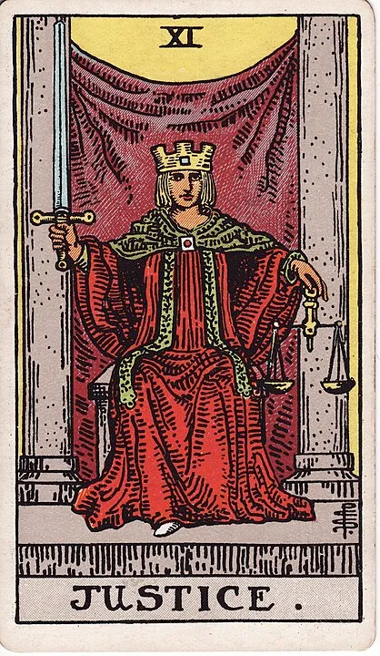 Justice. Tarot Card 11, Major Arcana. Symbols, Meaning & Interpretations