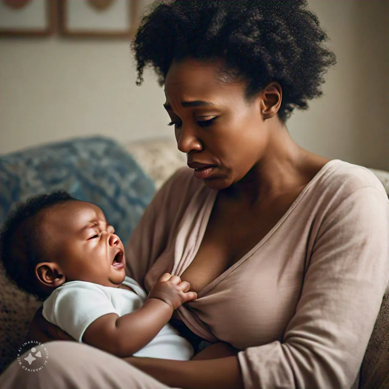 A sad black mother and her crying child. Image generated by Meta AI.