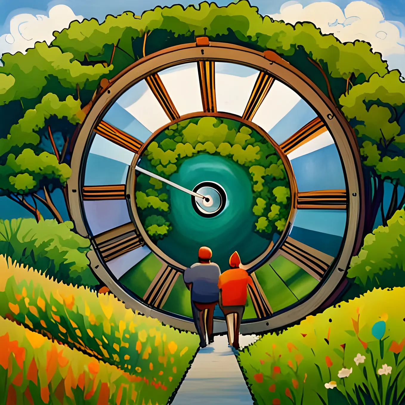Two persons walk toward a large time machine that looks like a clock face resting on the ground in a colorful park. Where will they end up? The future or the past? How can we know? How will they choose?