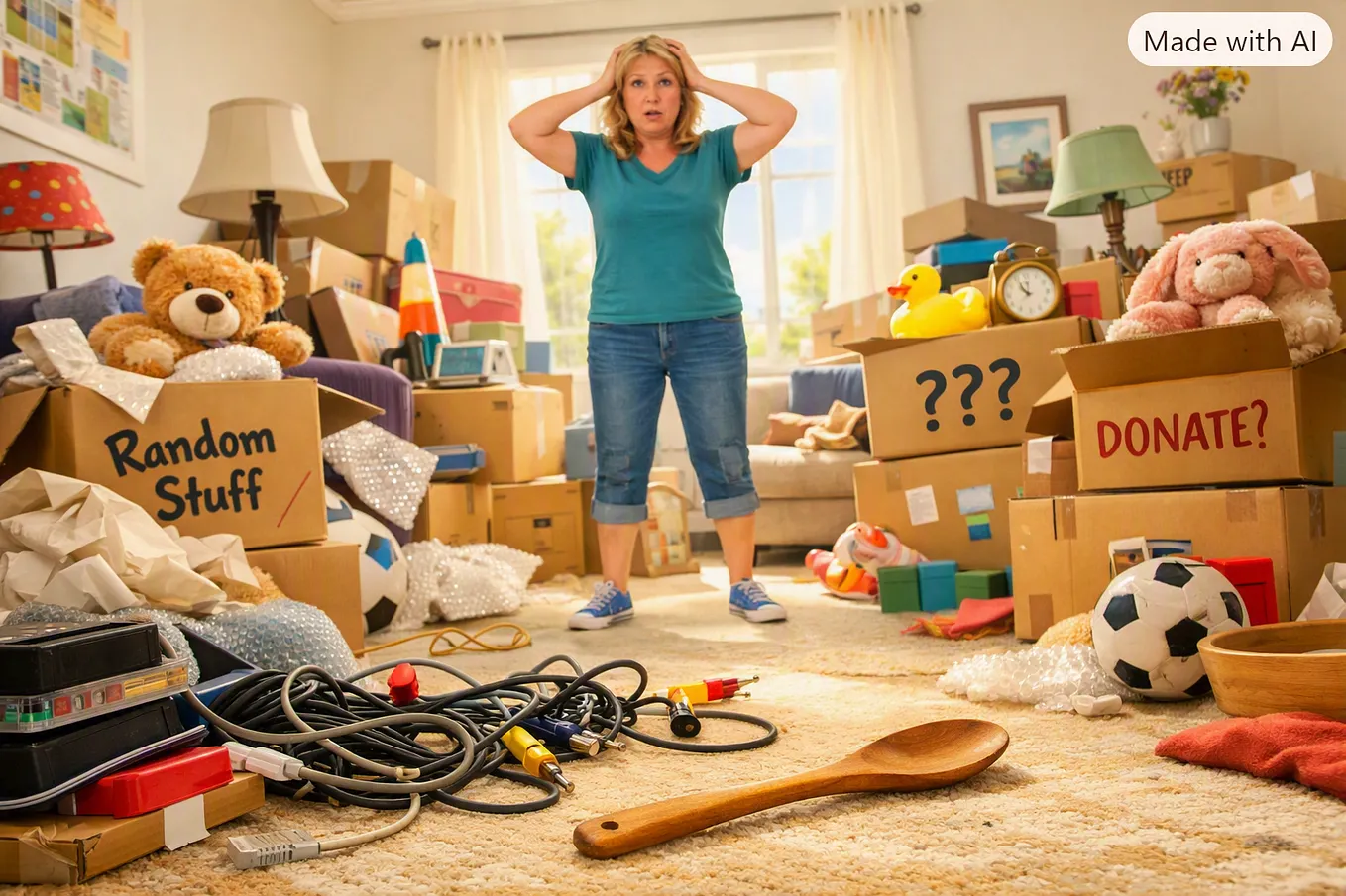 A bright, comedic moving‑day scene shows a cluttered living room filled with boxes labeled “Random Stuff,” “KEEP?” and “DONATE?” A woman stands centre‑frame, hands on her head, surrounded by scattered cables, a wooden spoon, and mismatched household items. Sunlight streams through a window, highlighting the chaos and absurdity of packing.