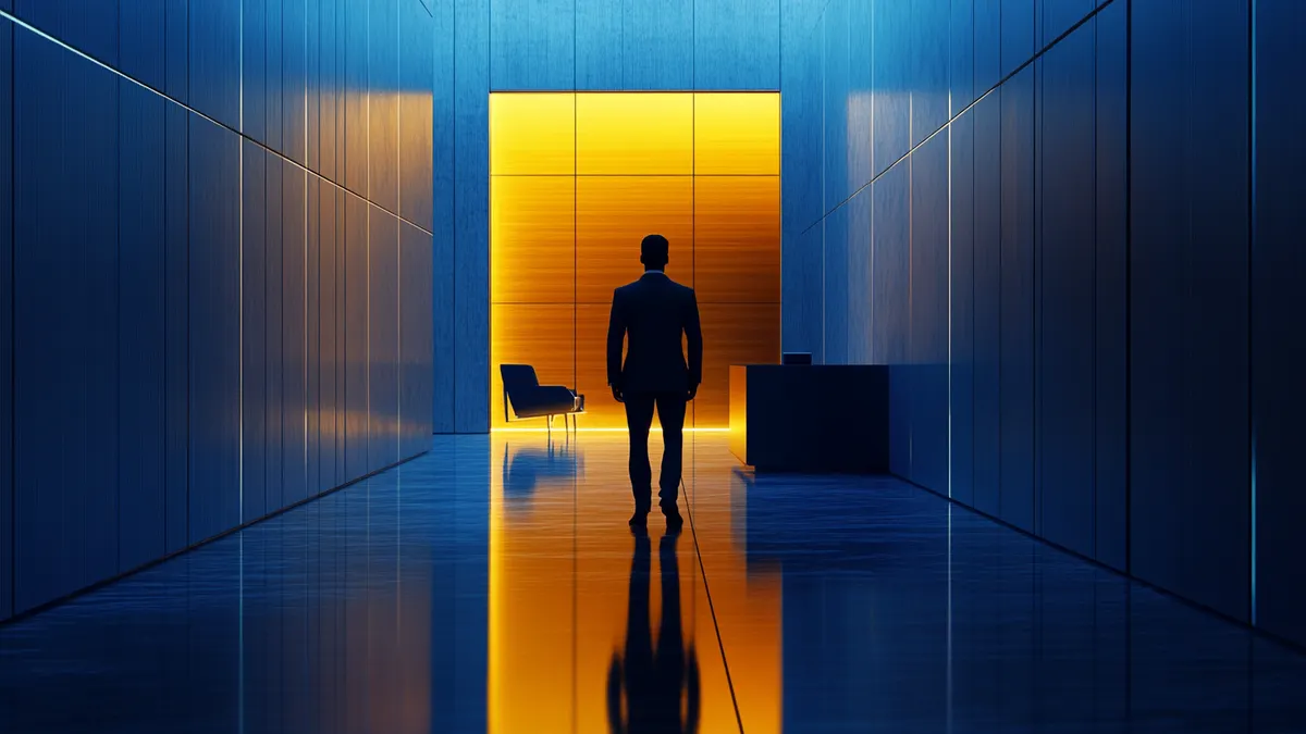 Executive standing at a crossroads in a corporate corridor — one path leading to a presentation podium, the other to a boardroom decision table