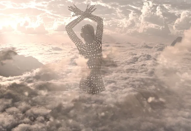 Top of the clouds with the sun and in the middle stands a female figure that is perforated with their wrists crossed.