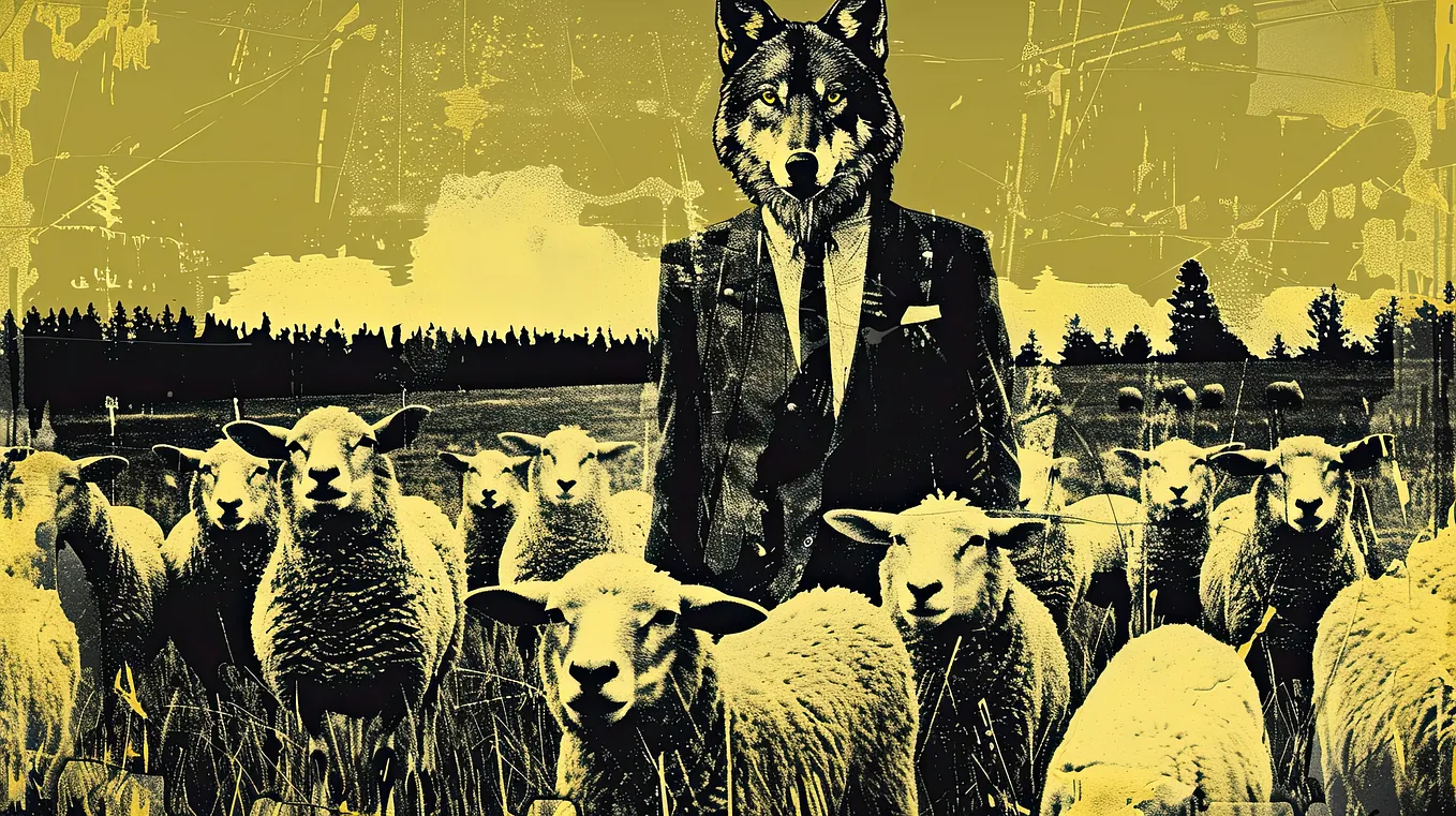 Illustration of a corporate wolf surrounded by sheep in a pasture