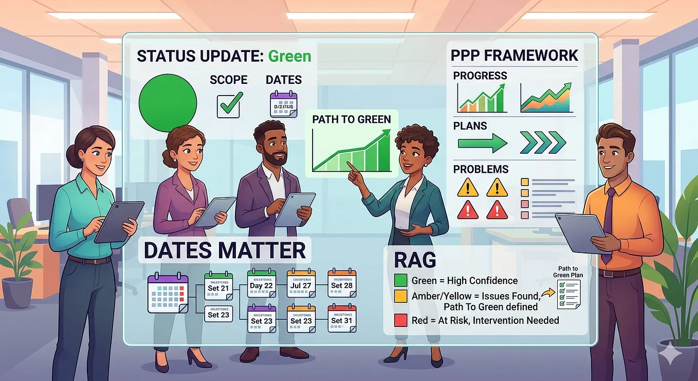 A vector cartoon illustration of a diverse team of five corporate professionals collaborating in a modern office. They gather around a large, transparent digital display that functions as a project management command center.